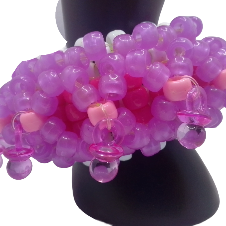 Glow Purple Rotating Kandi Cuff, Middle Rotates with Pink Pacifiers-Handmade Beaded Friendship Bracelet