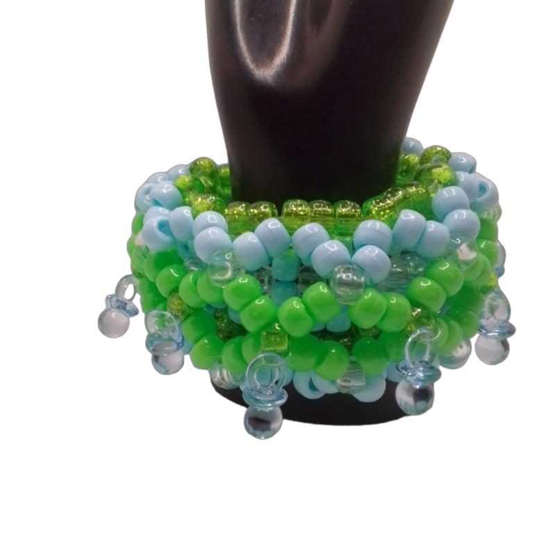 Kandi Shaker Cuff - Lime Green and Baby Blue Pony Beads - Light Blue Pacifiers Shake - EDM Kandi Rave Bracelet