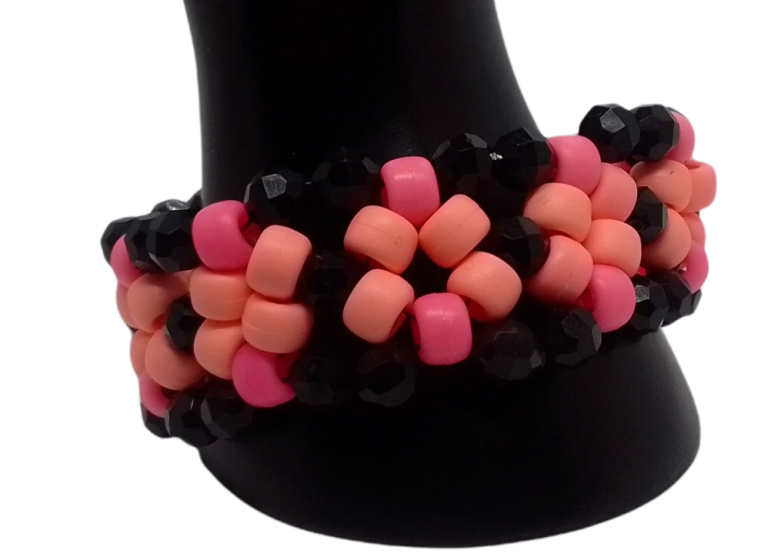Coral/Pink Kandi Cuff-Black Faceted Beads-EDC Pony Bead Bracelet
