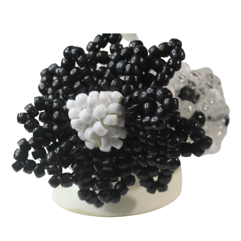 Black Gothic Flower On 3d Kandi Cuff-Black and White with Glow Beads-EDC Flower Ready to Rave