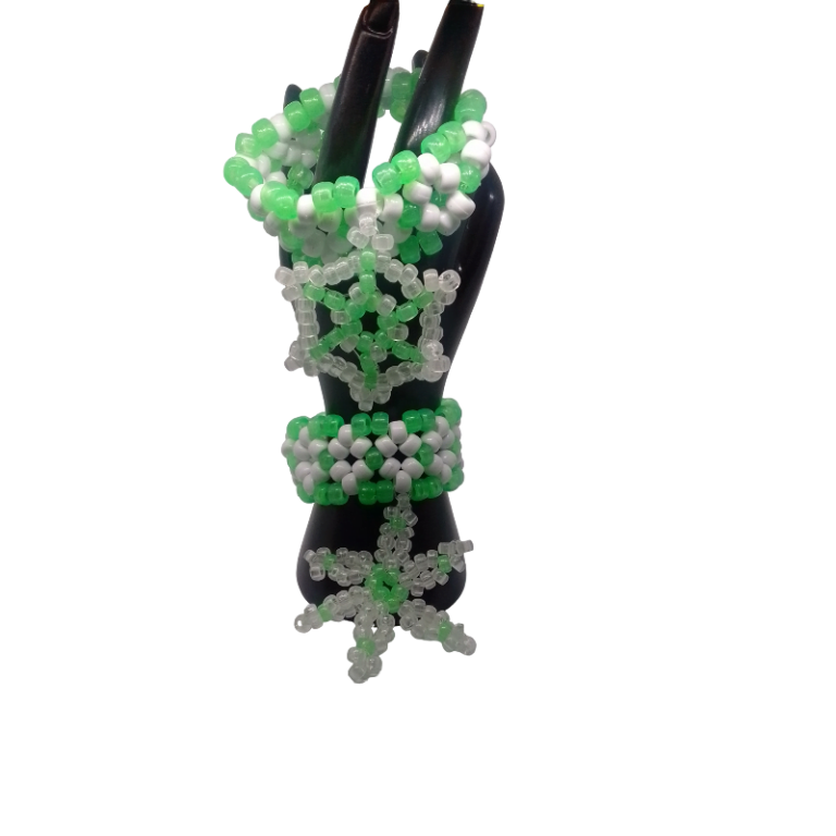 2 Glow Green Kandi Mini Cuff Rave Bracelet w/Bead Snowflake Charm of Glow in Dark Mini Pony Beads EDC