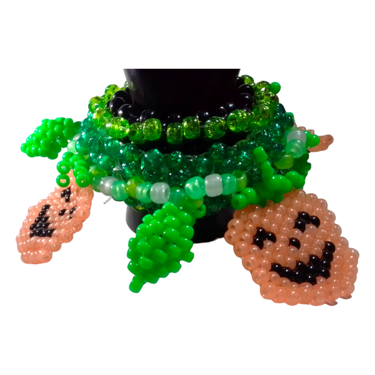 3d Kandi Rotating Cuff-4 Bead Glow Pumpkins-Neon Green Leafs-Halloween Kandi Bracelets