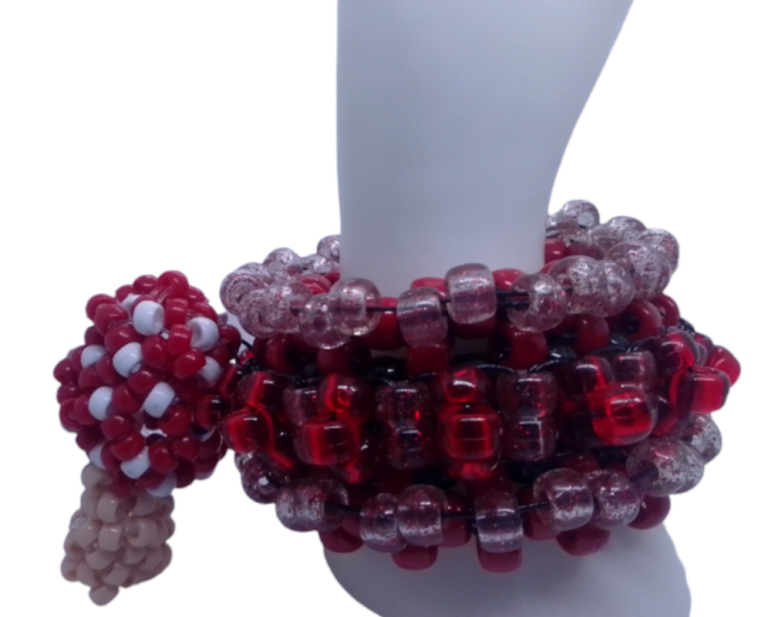 Kandi Rotating Bracelet Cuff Red, Black  and Clear With Red Flakes Red W/Red White Mushroom