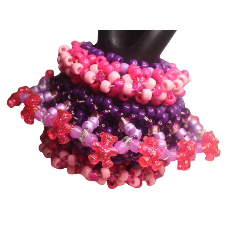 3D Kandi Rotating Cuff - Sparkle Pink Bears - EDM Bracelet-Made of Pony Bead